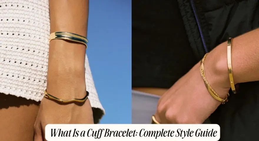 Two wrists adorned with gold jewelry. The left shows a wavy cuff bracelet against a white textured garment and blue sky. The right displays a thin cuff bracelet with star details and a layered chain bracelet.