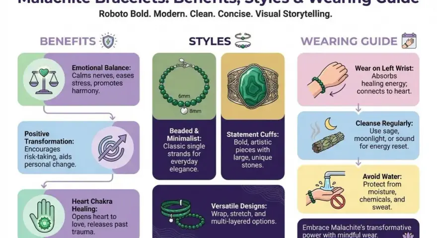 Malachite bracelets offer emotional balance and positive transformation. Learn about styles and wearing guide for these beautiful stones.