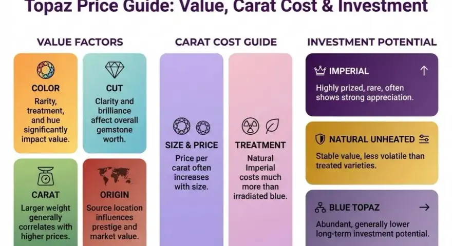 Topaz price guide: color, cut, carat, origin, size, and treatment affect how much topaz is worth. Imperial topaz is rare and valuable.