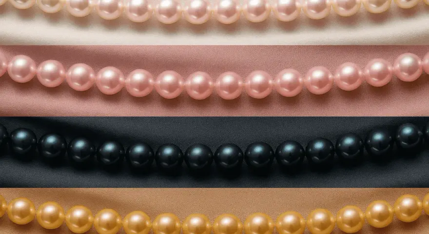 Rows of pearl color beads: cream, pink, black, and gold, draped on satin fabric.
