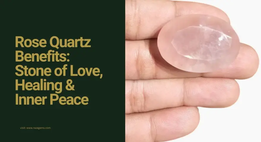 A hand holds a polished rose quartz stone, showcasing its soft pink hue and faceted surface. Discover the rose quartz benefits for love, healing, and inner peace.