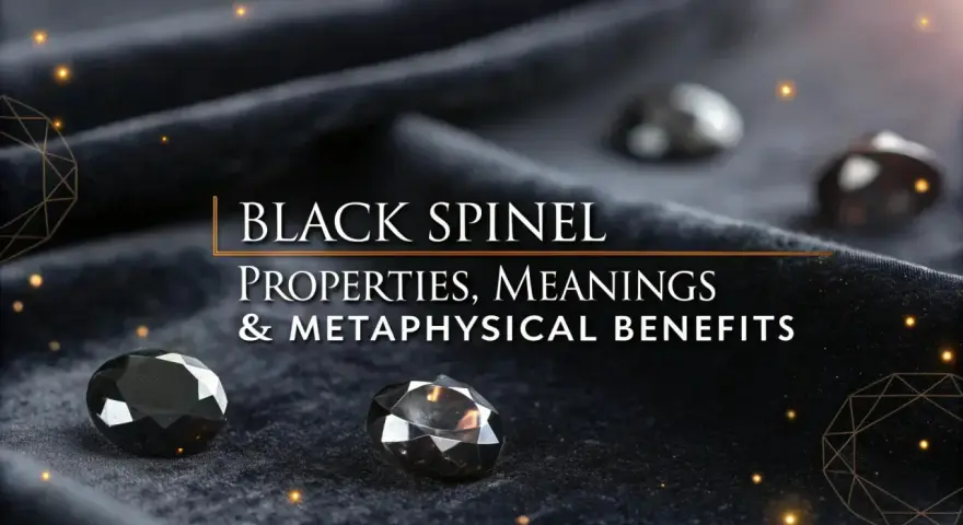 Black spinel gems on dark fabric, with text "BLACK SPINEL PROPERTIES, MEANINGS & METAPHYSICAL BENEFITS." Discover the black spinel meaning.