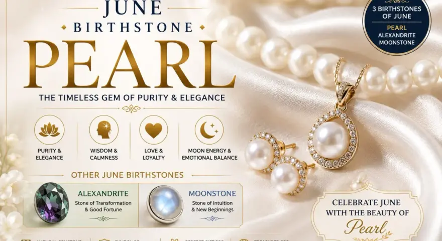 June birthstone: Pearl, the timeless gem of purity & elegance, symbolizing wisdom, love, and emotional balance.