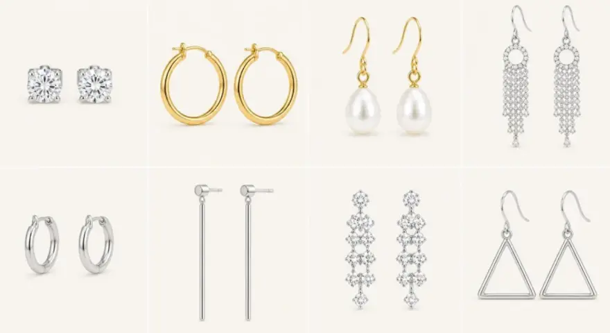 A collage showcasing various kinds of earrings: diamond studs, gold hoops, pearl drops, crystal chandeliers, silver bars, and triangle outlines.