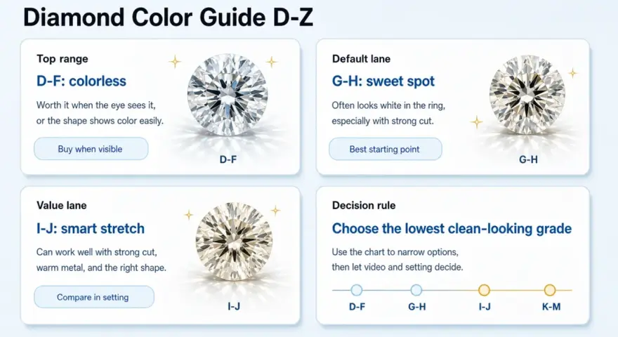 Diamond color scale guide showing D-F colorless, G-H sweet spot, and I-J smart stretch diamonds.