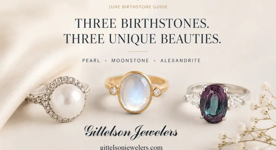 Three unique June birthstone rings: a pearl, moonstone, and alexandrite, showcased by Gittelson Jewelers.