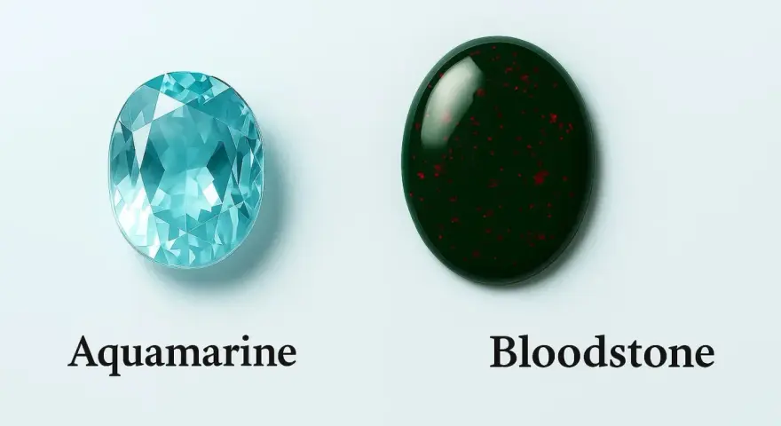 Aquamarine and Bloodstone, the march 6 birthstone options, are displayed side-by-side.