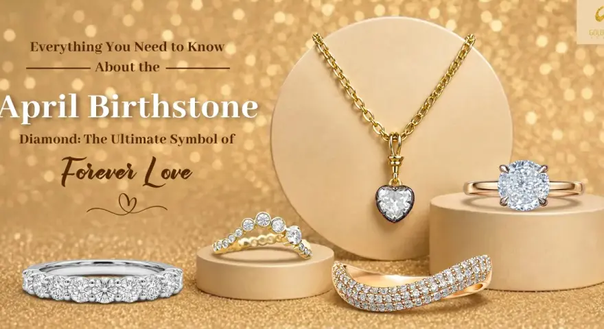 Diamond jewelry, the ultimate symbol of forever love, celebrates the April birthstone. A radiant diamond necklace and rings are showcased.