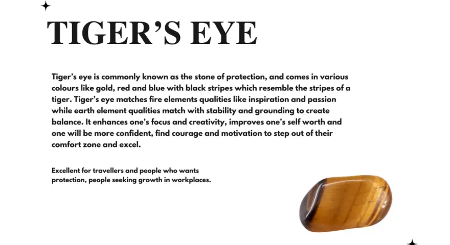 Tiger's eye stone, known for protection and inspiration. Its meaning includes grounding, confidence, and courage for growth.