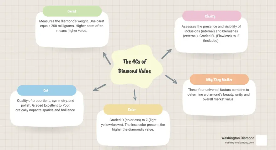 Infographic detailing the 4Cs of diamond value: Carat, Cut, Clarity, and Color, crucial for diamond appraisal.