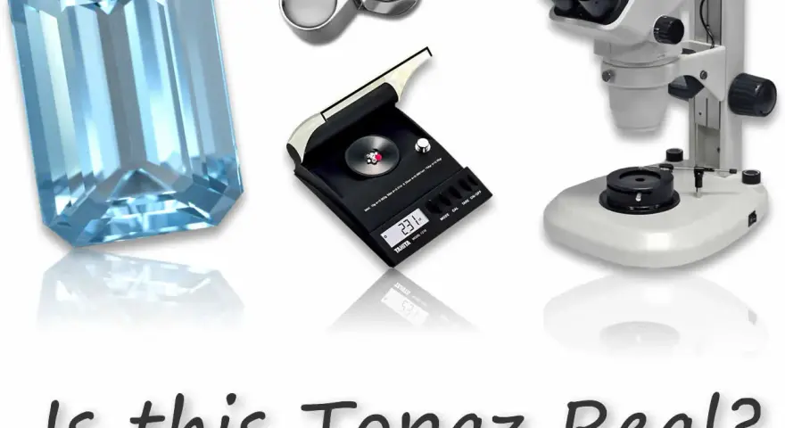 Tools for how to identify raw topaz: a large blue gemstone, a loupe, a scale, and a microscope.