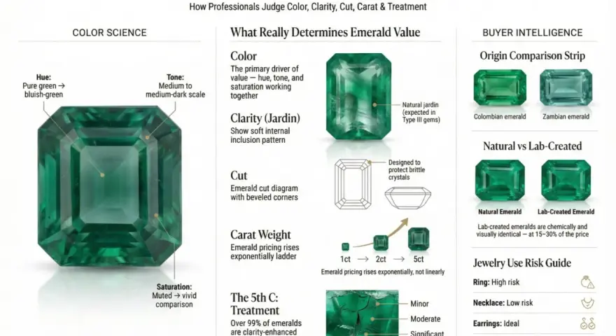 Emeralds, the May 4th birthstone, are explained by color, clarity, cut, carat, and treatment. Learn how to judge their value.