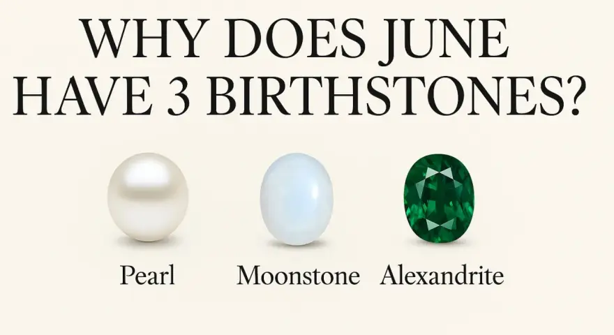 Three June 30th birthstones: a pearl, a moonstone, and an emerald-cut alexandrite.