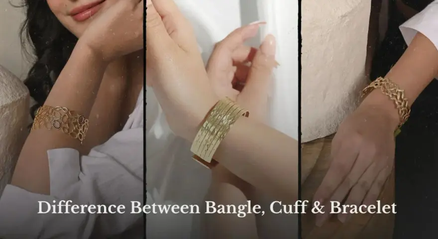 Three women's arms showcase different gold jewelry: a patterned bangle, a hammered cuff, and a delicate bracelet.