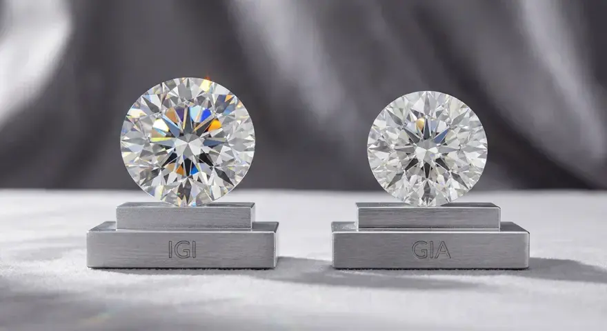 Two brilliant-cut diamonds, one labeled IGI and the other GIA, are displayed on pedestals. This highlights the difference between natural and simulated diamond grading.
