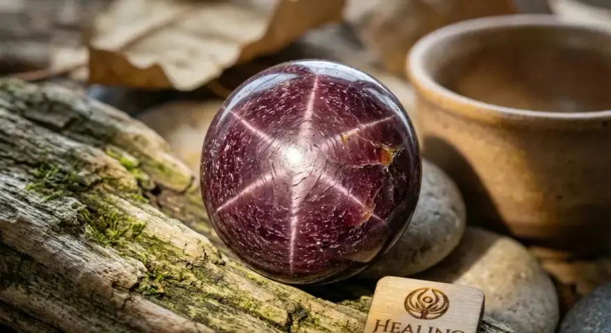 A star garnet from Idaho, a deep red sphere with a six-rayed star, rests on mossy wood.