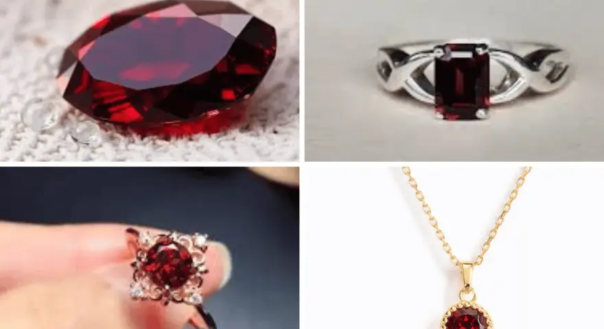 A loose faceted gemstone and three pieces of jewelry, all showcasing deep garnet colors.
