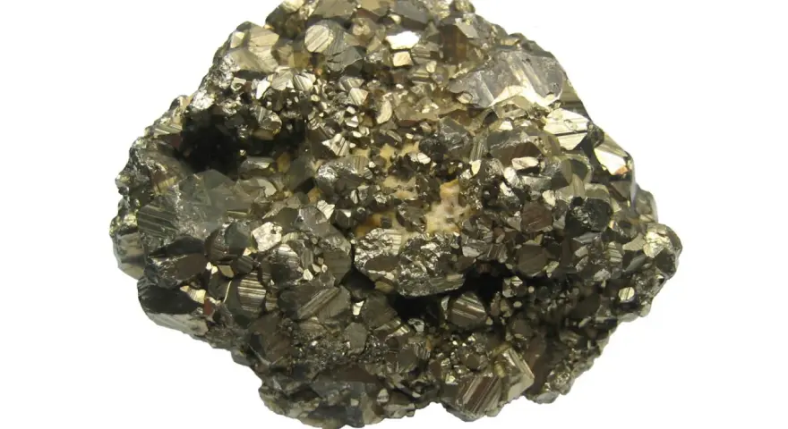 A cluster of metallic, brass-colored crystals, likely pyrite, showcasing its cubic structure. This specimen highlights the visual differences when comparing marcasite vs pyrite.