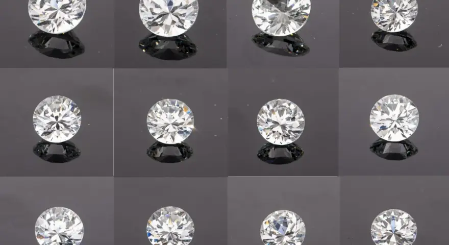Twelve sparkling stones that look like diamonds, each with brilliant facets, are arranged in a grid on a dark, reflective surface.
