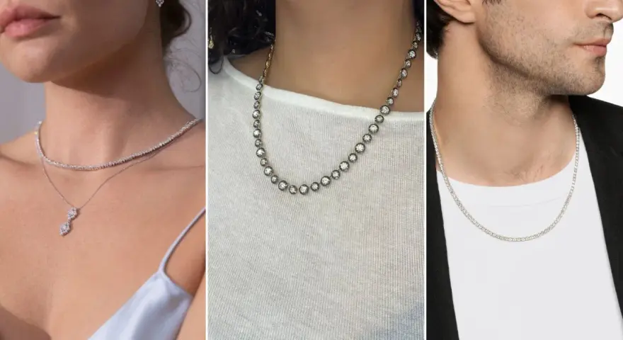 A tennis necklace is a delicate chain of diamonds, showcased on women and men.