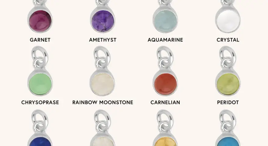 A collection of silver charms, each featuring a different colored gemstone representing birthstones for months: Garnet, Amethyst, Aquamarine, Crystal, Chrysoprase, Rainbow Moonstone, Carnelian, Peridot, Lapis, Opal, Citrine, and Turquoise.