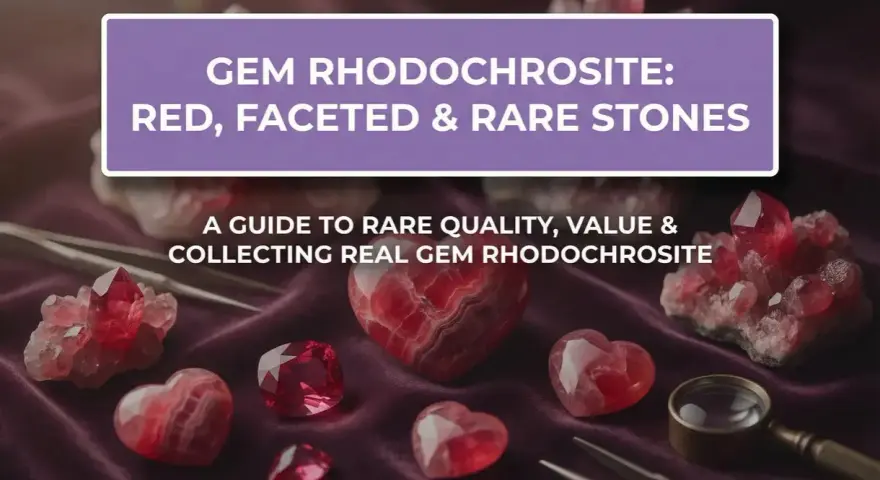 A collection of faceted and raw rhodochrosite crystal specimens, showcasing their vibrant red hues and unique banding.