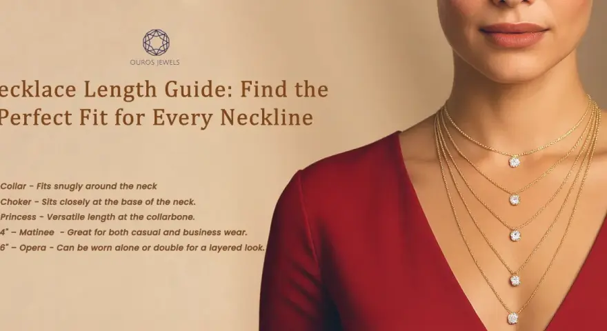 Guide to the best necklace length for women, showing layered gold chains with diamond pendants on a model in a red dress.