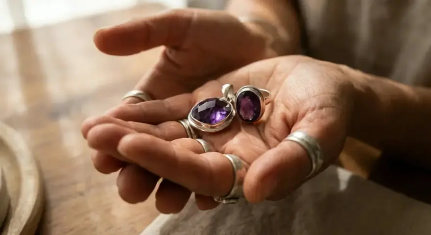 Hands hold a pendant and ring with deep purple amethyst. These beautiful stones are found in Brazil, Uruguay, and other locations worldwide.