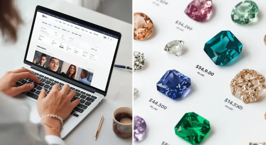 A split image shows a laptop with a jewelry appraisal website and a collection of colorful gemstones with prices, hinting at what is the cheapest gemstone.