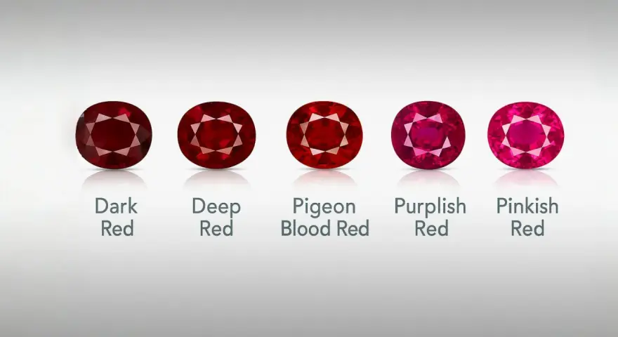 Five oval-cut rubies, showcasing a spectrum of red hues from dark to pinkish, represent the July birthstone.