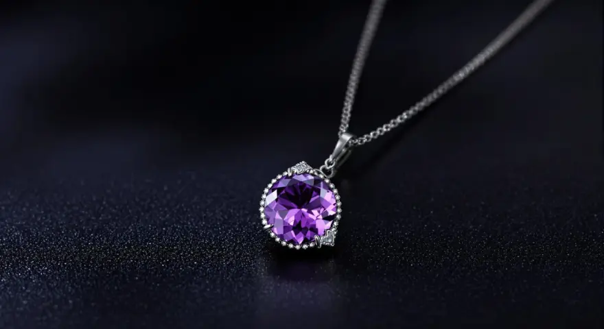 A stunning amethyst necklace, its deep purple aquarius stone sparkling against a dark, textured background.