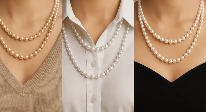 Three women showcase what is a pearl necklace: a classic double strand of pearls on a beige sweater, a single strand on a white blouse, and a double strand on a black dress.