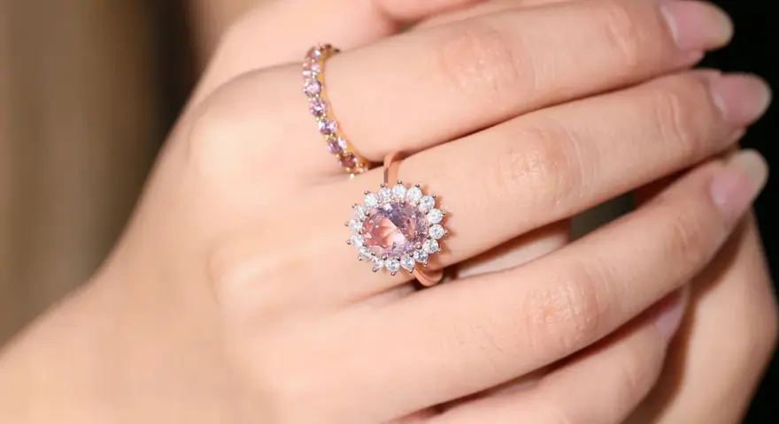 A hand wears two rings. The main ring features a large, peachy-pink morganite surrounded by small diamonds.