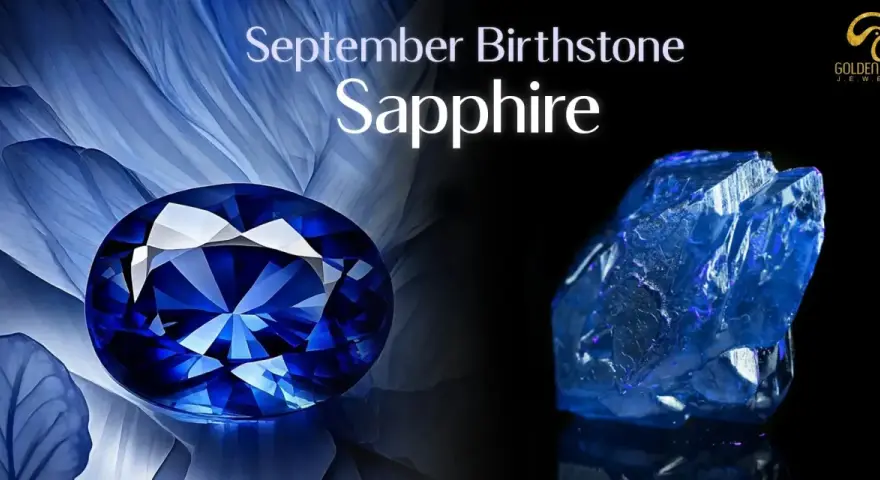 A faceted sapphire, the September birthstone, gleams next to a raw blue crystal.