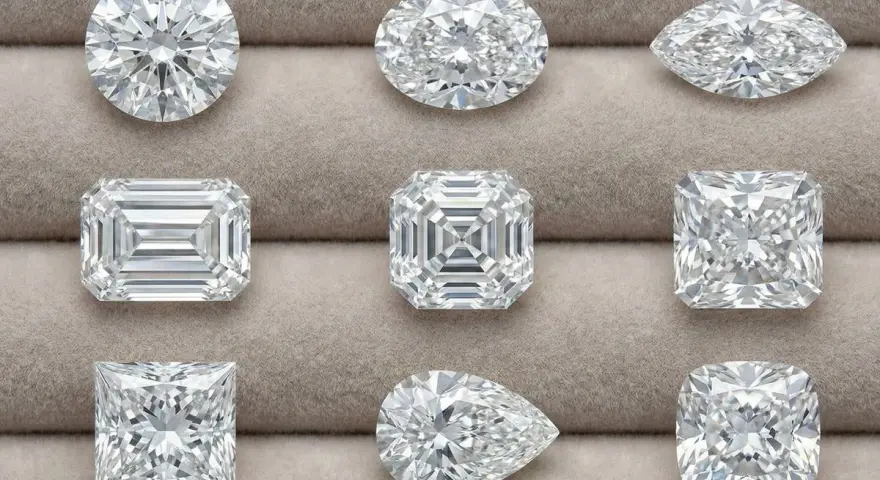 Nine sparkling diamonds, each with a unique diamond cut: round, oval, marquise, emerald, Asscher, pear, princess, and cushion.