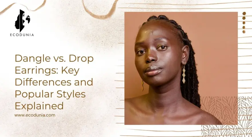 A woman models geometric drop earrings, showcasing how these elegant pieces hang below the earlobe.