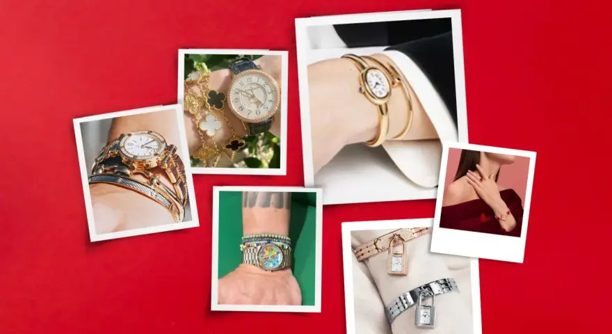 Stylish examples of how to stack bracelets with a watch, showcasing various combinations of luxury timepieces and arm candy.