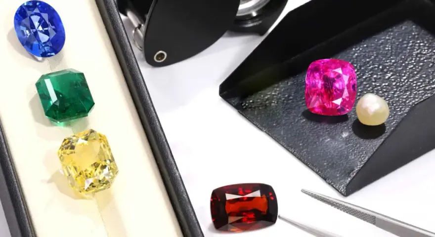 A blue sapphire, green emerald, and yellow citrine are displayed in a box, while a pink sapphire, pearl, and red garnet are on a tray, showcasing diverse gemstone families.
