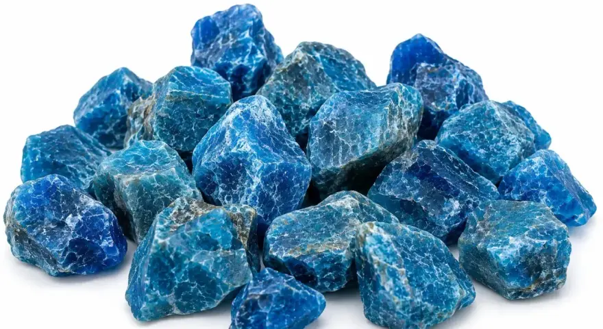 A pile of rough, blue apatite crystals. The apatite crystal meaning is often associated with motivation and ambition.