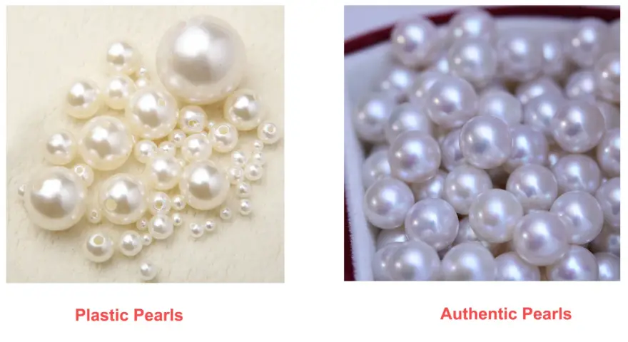 Left: plastic pearls with visible holes. Right: authentic pearls with subtle luster. See how to tell real pearls from fake.