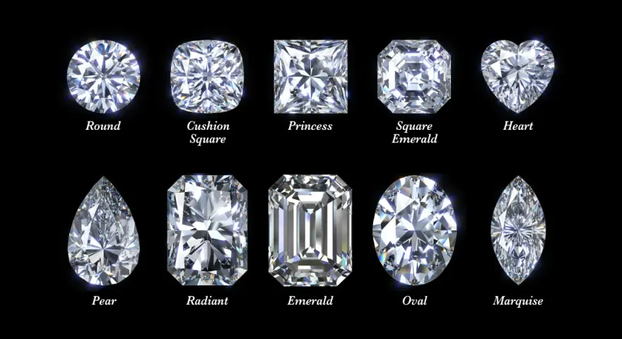 Various diamond cuts, including round, princess, and heart shapes. These could be stimulated diamonds, showcasing different facets and brilliance.