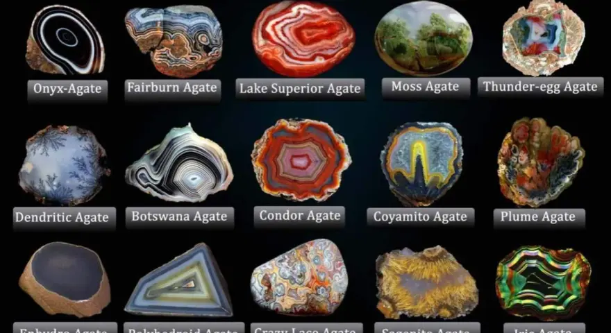 A collage showcasing various types of agate, including Onyx, Fairburn, Lake Superior, Moss, Thunder-egg, Dendritic, Botswana, Condor, Coyamito, Plume, Enhydro, Polyhedroid, Crazy Lace, Sagenite, and Iris Agate.