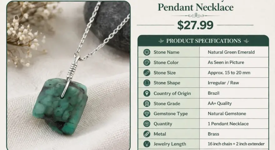 A raw emerald pendant necklace, the May 8 birthstone, features a natural green emerald on a silver chain.