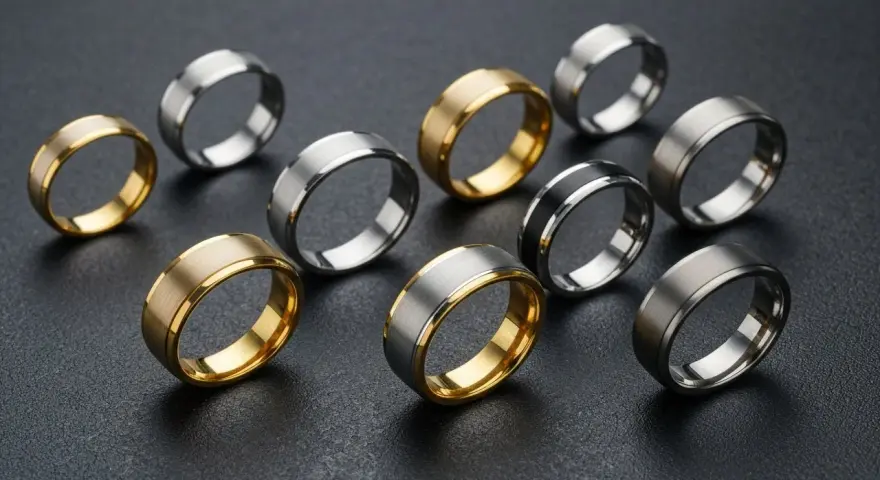 A collection of men's wedding bands in various metals like gold, silver, and black, showcasing the best metal for men's wedding band options.