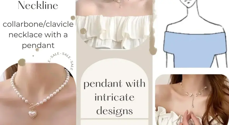 A guide to choosing necklaces for boat necklines. Features collarbone necklaces with pendants, including intricate designs.
