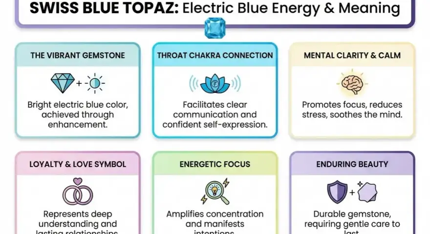 Swiss Blue Topaz represents electric blue energy, promoting clear communication, mental clarity, and enduring beauty.