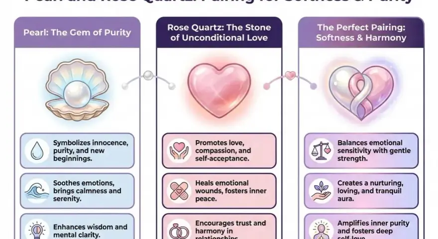 A pearl in a shell, symbolizing innocence and purity, paired with rose quartz for love and harmony. The white pearl meaning is purity and new beginnings.