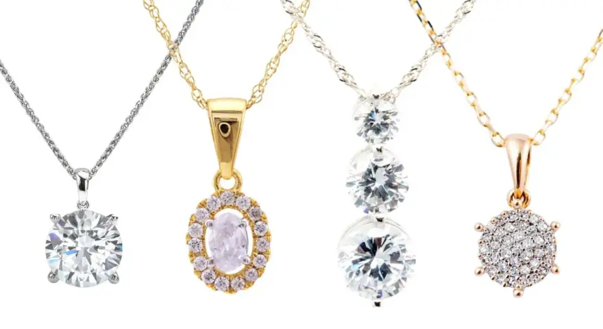 Four elegant diamond chains showcase different styles: a solitaire, an oval halo, a cascading trio, and a cluster pendant.