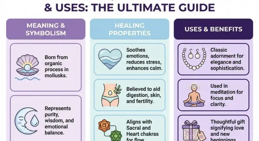 Infographic detailing the spiritual meaning of pearls: purity, wisdom, emotional balance, healing properties, and uses in adornment and meditation.