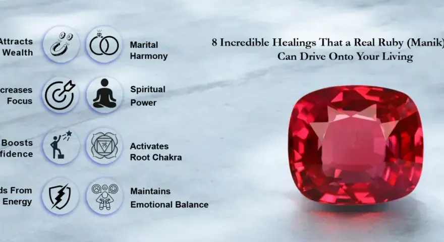 A vibrant ruby, symbolizing passion and protection, is shown alongside icons representing wealth, harmony, focus, spiritual power, confidence, root chakra activation, and emotional balance.